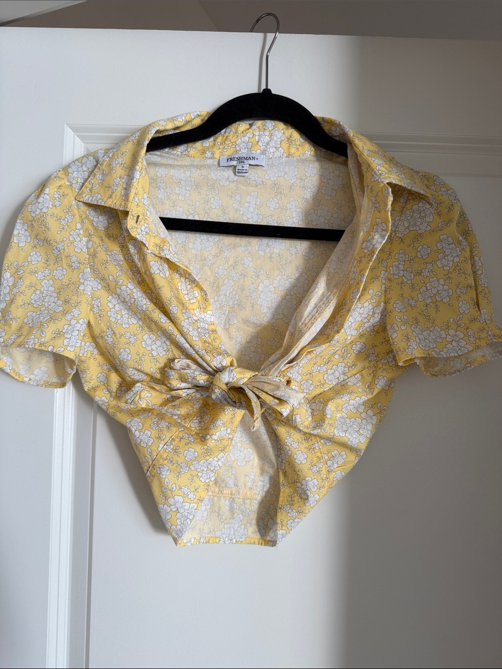 Freshman Yellow and White Floral Tie-Front Crop Top